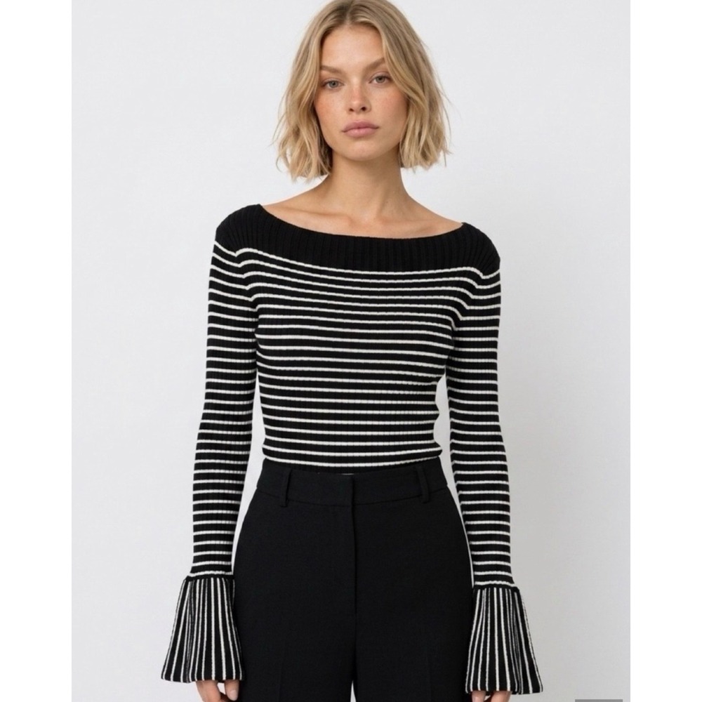 WHBM White House Black Market Striped Bell Sleeve Ribbed Sweater Top M